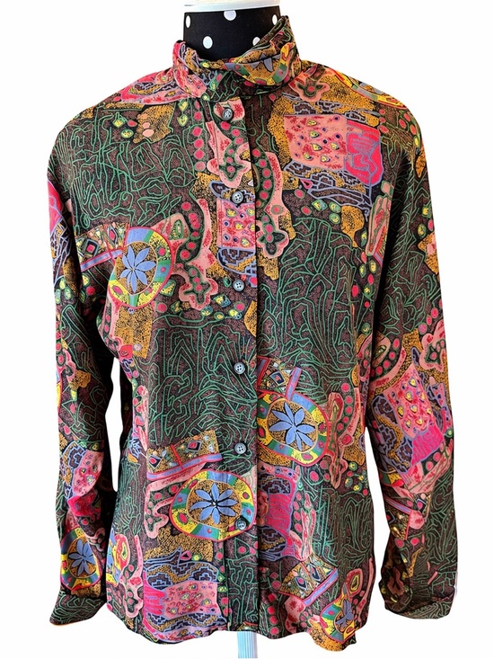 Cole & Company Tops - Vintage 80s Abstract Rayon Blouse Ruffle Neck Artsy Print USA Size 8 Statement